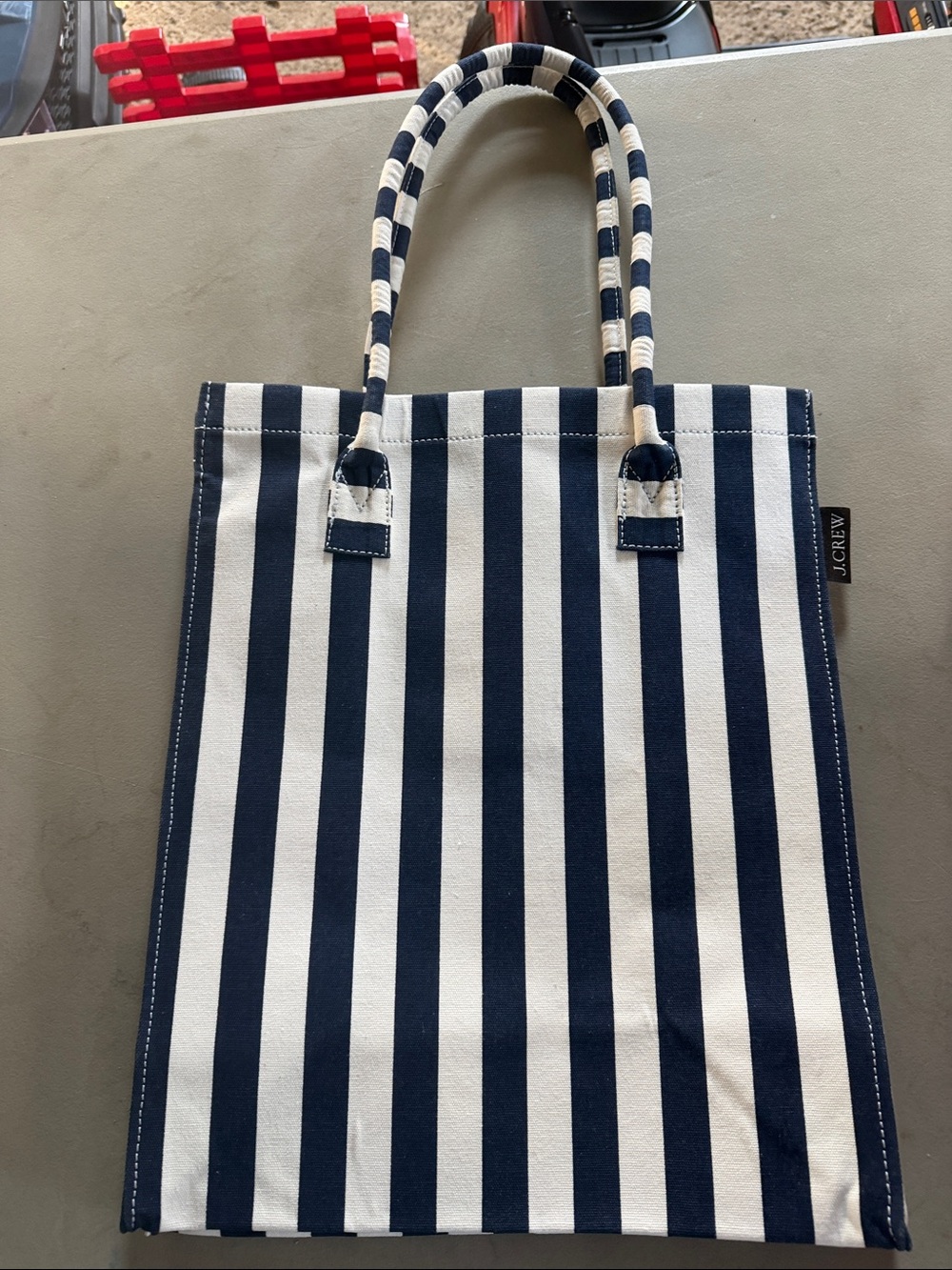 J. Crew Navy and White Vertical Stripe Canvas Tote